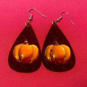 Black faux leather earrings with pumpkin